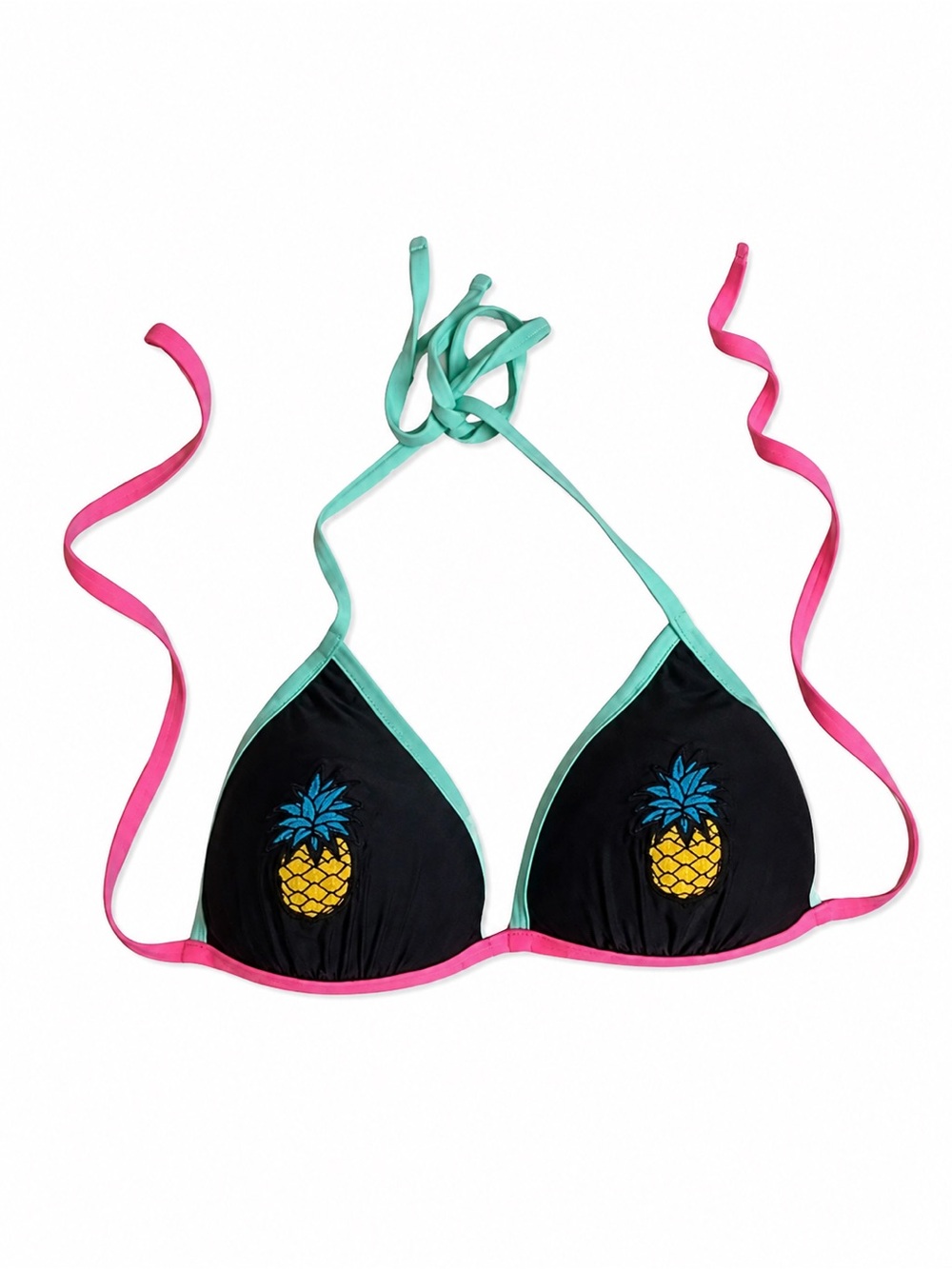 California Waves Pineapple Triangle Bikini Top Black Pink Aqua Size M